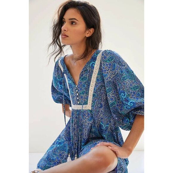 NWT ANTHROPOLOGIE Sz S LISSA ROMPER PLAYSUIT JUMPSUIT PRINTED EMBROIDERED BLUE - Picture 4 of 4